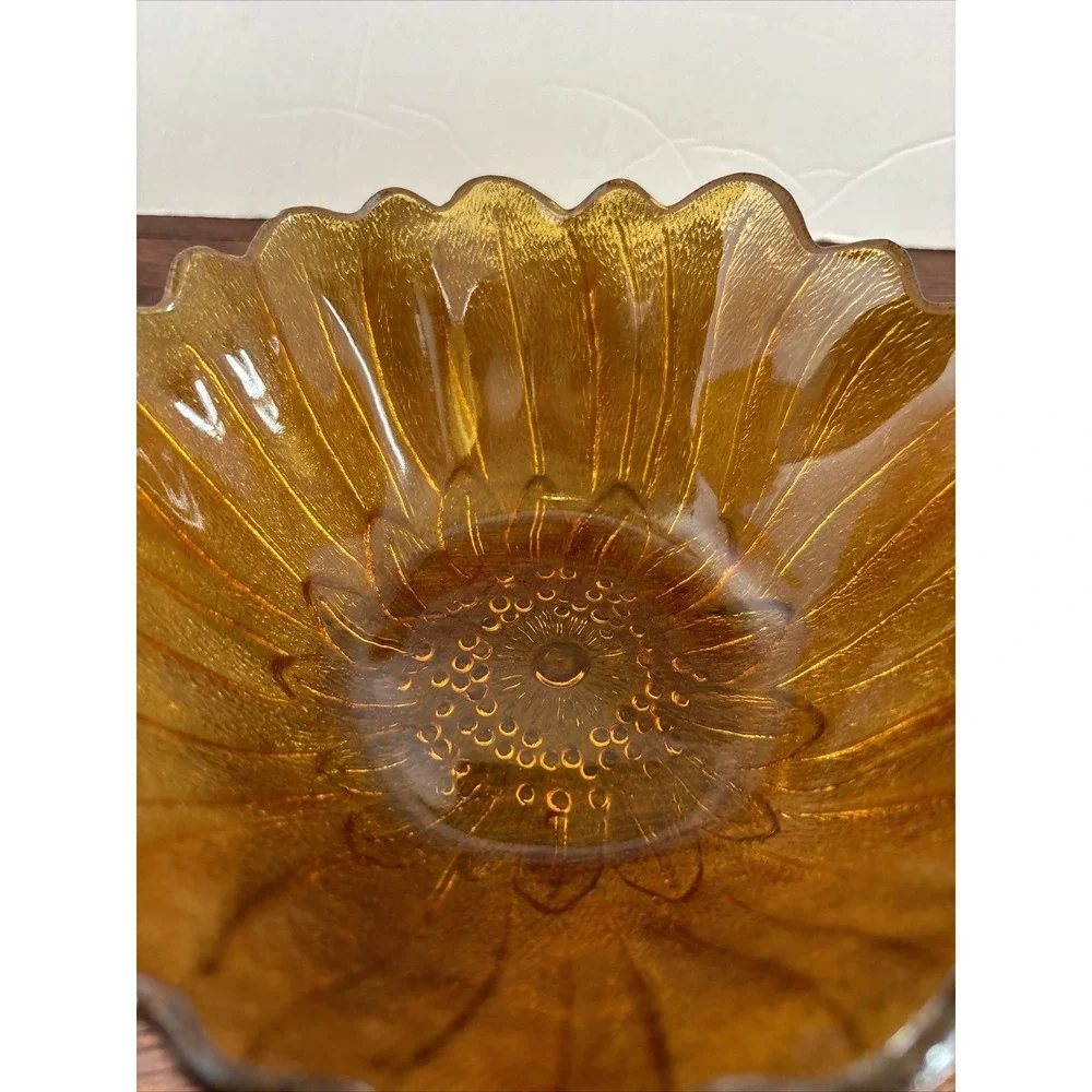 Vintage Indiana Amber Glass Lily‎ Pons Sunflower Bowl Candy Dish 7